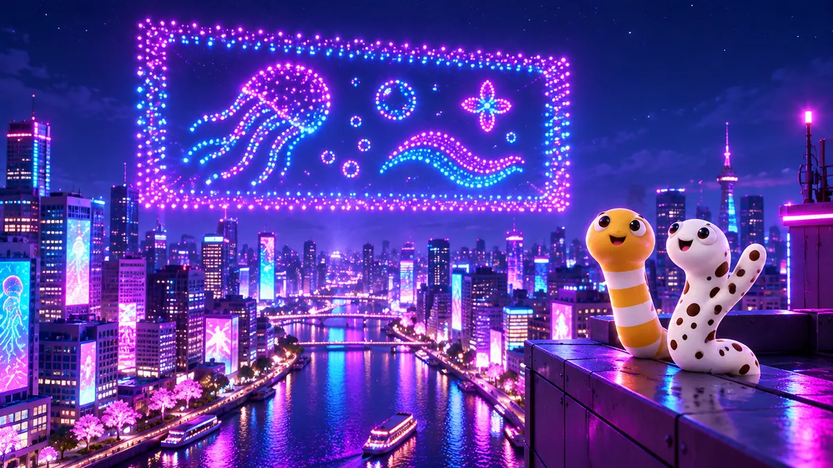 蘇る勝連一夜城のイメージイラスト(夜空のドローンショーと、3Dのちんあなご)