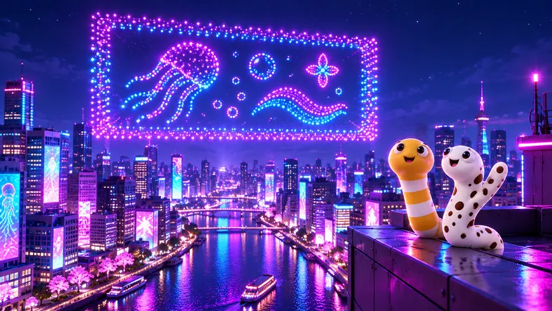 大阪・新世界のイメージイラスト（夜空のドローンショーと、3Dのちんあなご）