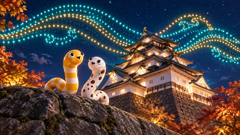 金沢マラソン記念ドローンショーのイメージイラスト（夜空のドローンショーと、3Dのちんあなご）