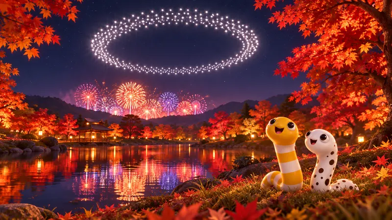 カラフルピーチ×東武動物公園のイメージイラスト（夜空のドローンショーと、3Dのちんあなご）