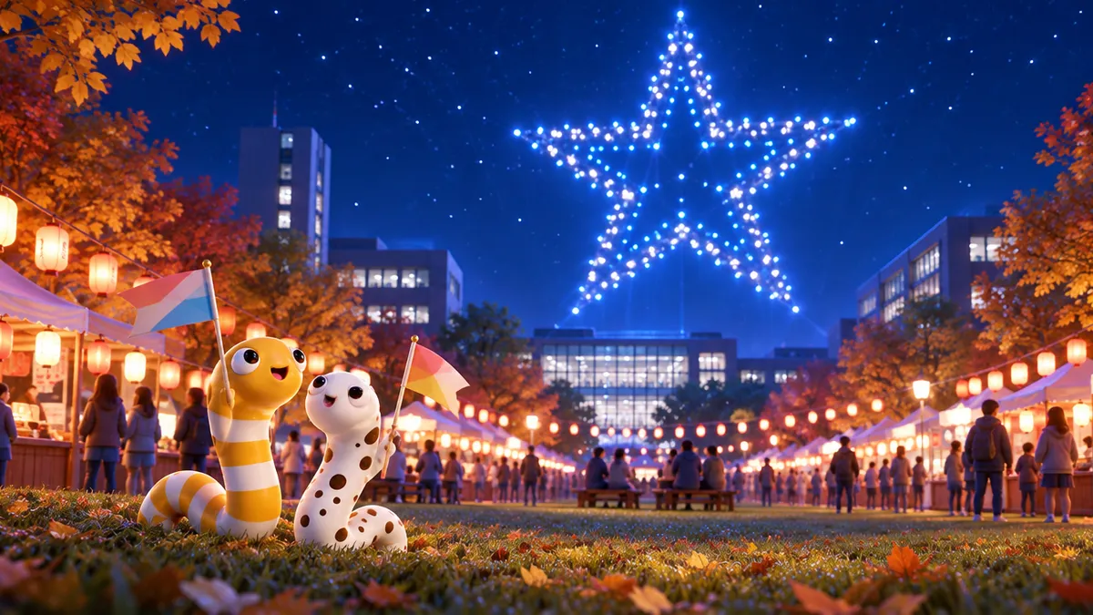 東海大学 建学祭のイメージイラスト(夜空のドローンショーと、3Dのちんあなご)