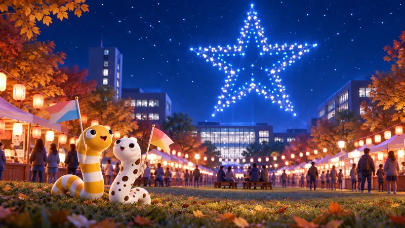 東海大学 建学祭のイメージイラスト（夜空のドローンショーと、3Dのちんあなご）