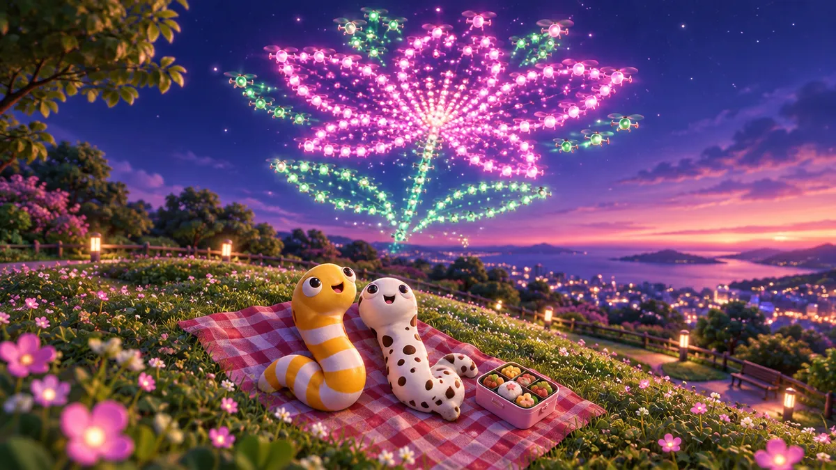 オニコウベスキー場のイメージイラスト（夜空のドローンショーと、3Dのちんあなご）