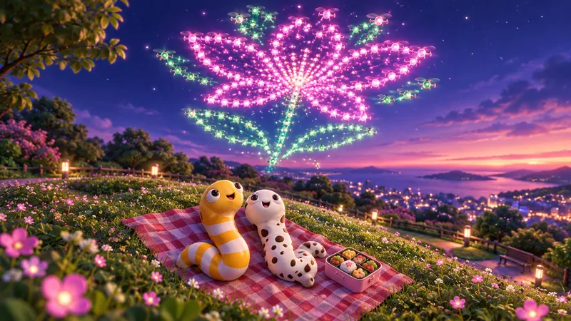 木津川市市民まつりのイメージイラスト（夜空のドローンショーと、3Dのちんあなご）