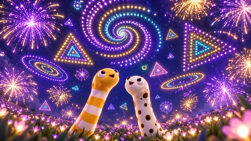 万博夜空がアートになる日のイメージイラスト（夜空のドローンショーと、3Dのちんあなご）