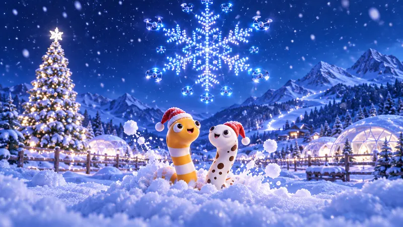 トマムのクリスマスドローンショーのイメージイラスト（夜空のドローンショーと、3Dのちんあなご）