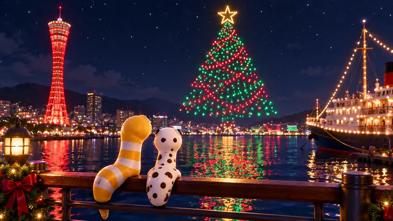 神戸メリケンクリスマスのイメージイラスト（夜空のドローンショーと、3Dのちんあなご）