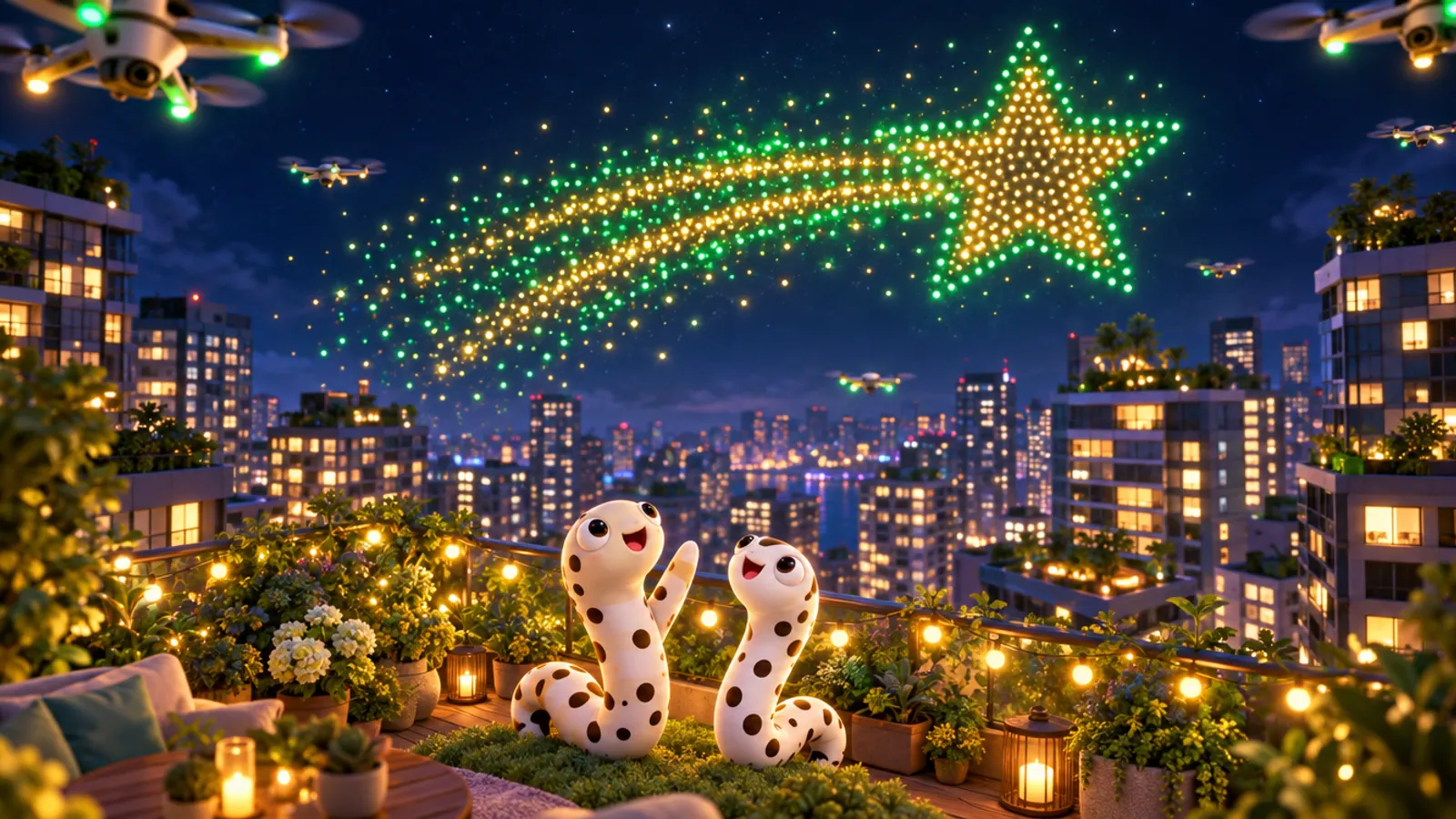 ビルの屋上の庭で、ドローンの光が描く流れ星を指さして喜ぶ2匹の3Dのちんあなご